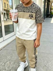 SHEIN 1套青少年男孩休閒舒適時尚簡約個性化黑白印花拼色休閒風短袖T恤 - 彩色 - 查看 7