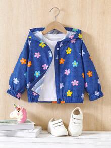 SHEIN Elladie kids 女童新款時尚連帽拉鍊夾克，梭織布料搭配藍色底彩色花卉數位印花，彈性袖口與下擺設計，長袖休閒時尚夾克，柔軟舒適面料，適合女童可愛俏皮休閒甜美舒適穿搭，理想用於日常穿著、學校、外出、度假與派對 - 藍色 - 查看 9