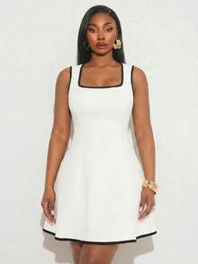 Radiana Plus Size Women's Elegant French Date Night Evening Dress, Colorblock Trim A-Line Sleeveless Waist-Cinched Dress, Autumn Winter Summer Women's Dress, - Black and White - View 6