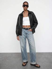 Maija Drop Shoulder Zip Up PU Cropped Leather Jacket In Fall/Winter Black - Black - View 5