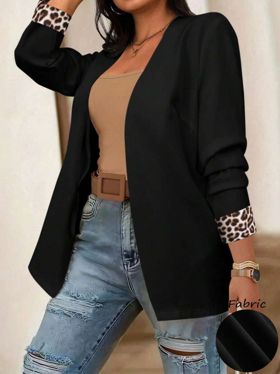 SHEIN Clasi 大码女式休闲长袖豹纹拼布西装外套 - 黑色 - 查看 1