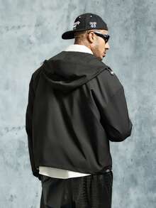 INCRYTM Men's Letter Print Long Sleeve Casual Drawstring Hooded Jacket - Black - View 2