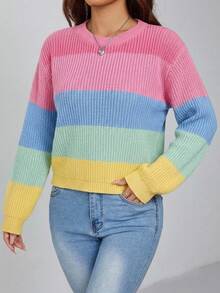 SHEIN 青少年女孩圓領針織套頭毛衣 彩虹條紋多巴胺學院風設計 舒適柔軟 百搭休閒簡約款 適合秋冬居家、外出、拍照、戶外玩耍、野餐、旅行 - 彩色 - 查看 8