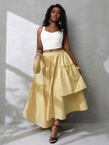 BamGlimmer Falda elegante de moda para mujer con unicolor, volantes y dobladillo asimétrico - Amarillo - Ver 2