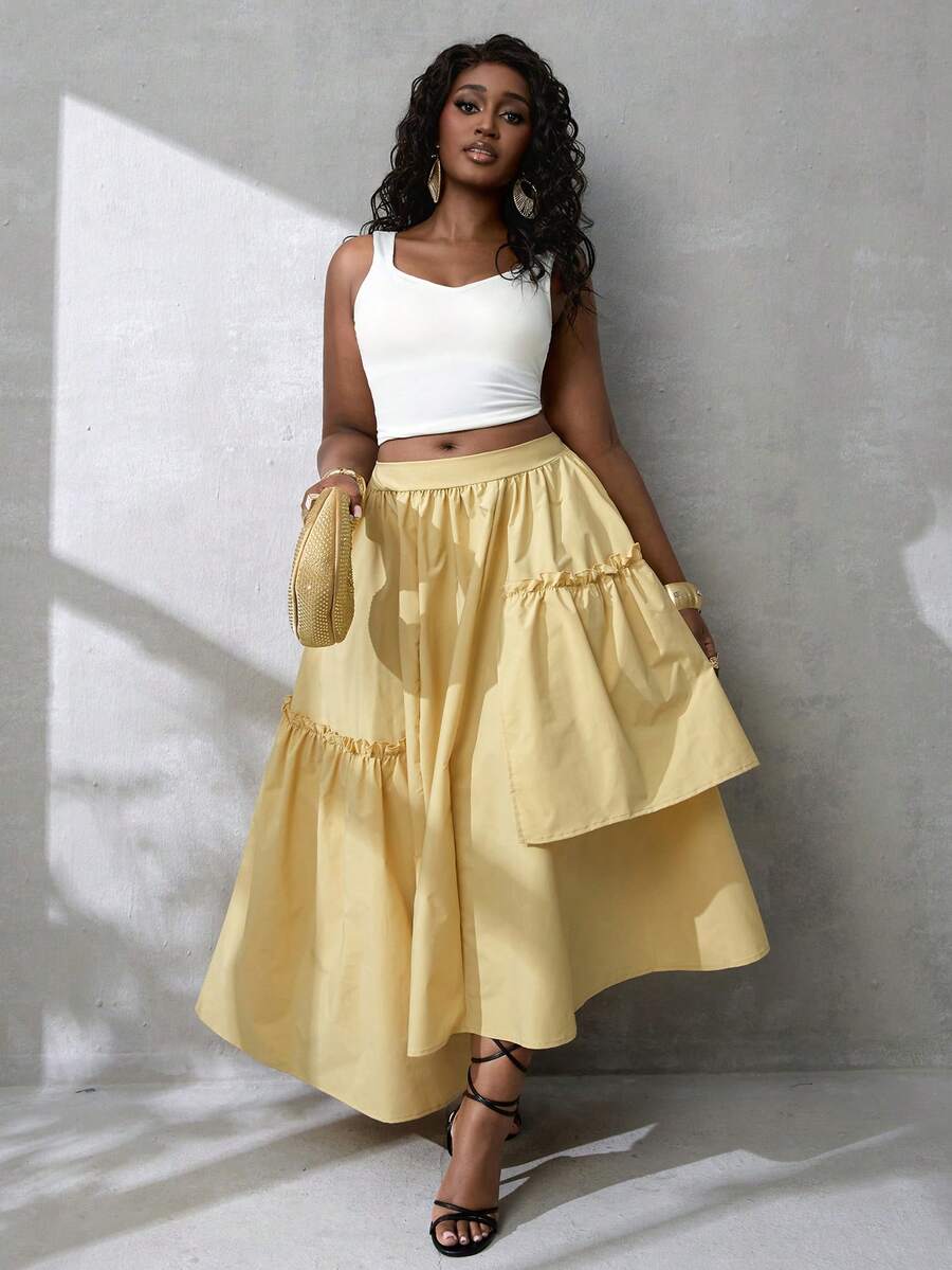 BamGlimmer Falda elegante de moda para mujer con unicolor, volantes y dobladillo asimétrico