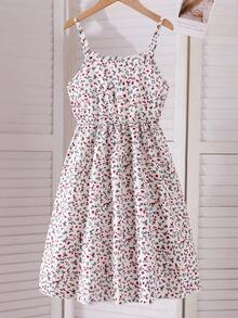 SHEIN Elladie kids 2件組女童春秋休閒針織羅紋蝴蝶結裝飾開襟上衣與小碎花細肩帶洋裝，簡約可愛初秋套裝 - 棕色 - 查看 6
