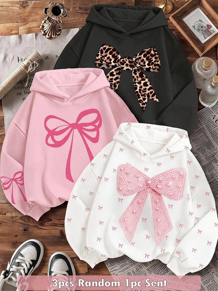Tween Girls Sweet Faux Pearl Bow Print Sweatshirt, Cozy Fall & Winter Styles, Suitable For Autumn/Winter, Back To School Must-Have, Random 1pc Sent - Multicolor - View 1
