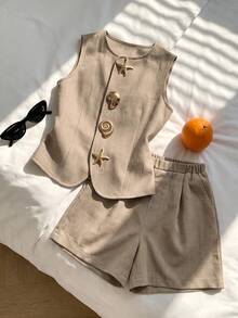 SHEIN XT26211 青少年 2 件組夏季 Old Money 風格背心上衣與休閒短褲套裝，舒適適合日常通勤與度假穿著 - 棕色 - 查看 4