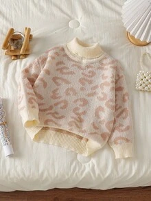 SHEIN Young Girls Leopard Print Turtleneck Long Sleeve Sweater, Suitable For Autumn And Winter, Pairs With Padded Coat Pullover - Apricot - View 7