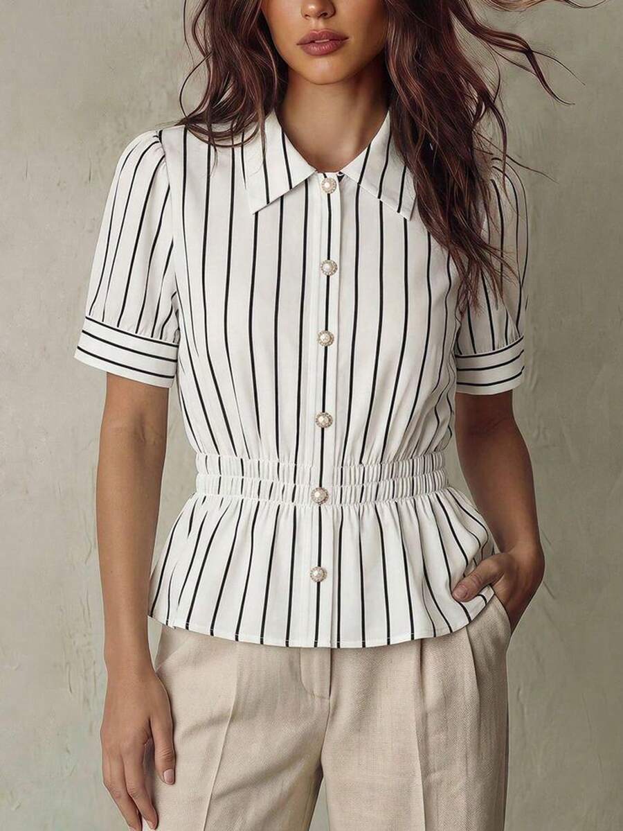 Franclia 女款優雅夏季辦公休閒襯衫,黑白格紋條紋印花珍珠鈕扣前襟短袖荷葉邊下擺收腰短版 - 黑與白 - 查看 1