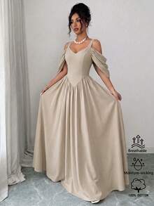 Elenzga Elegant Romantic Exquisite Women's Spaghetti Strap Sexy Off-Shoulder Print A-Line Vacation Dress - Apricot - View 1
