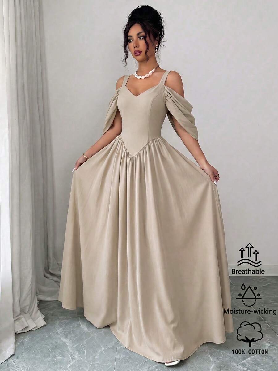 Elenzga Elegant Romantic Exquisite Women's Spaghetti Strap Sexy Off-Shoulder Print A-Line Vacation Dress - Apricot - View 1
