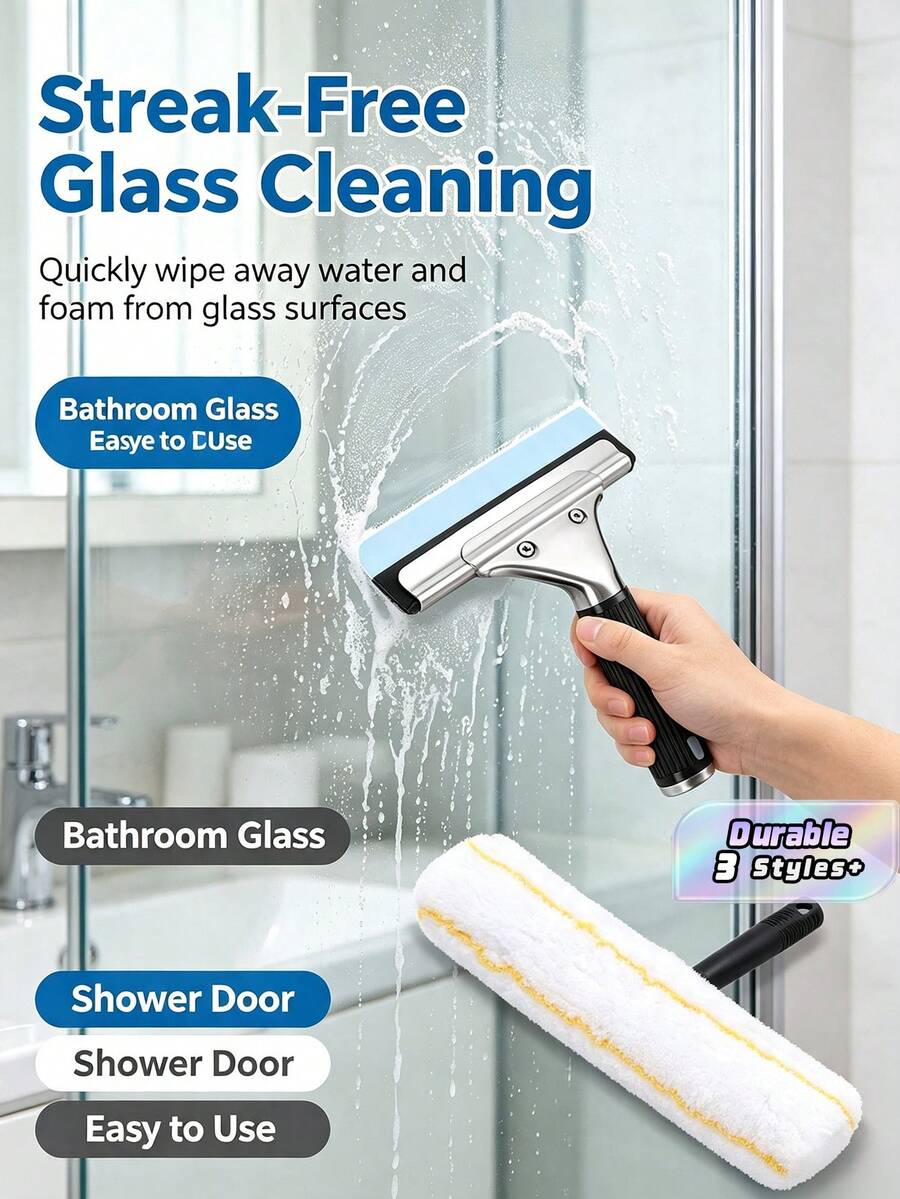 Multi Functional Glass Cleaning Brush Set, Professional Window Cleaning Tool, Reusable Microfiber Cover, Efficient Cleaning Tool Silicone Scraper And Microfiber Cloth - Suitable For Shower Room Glass, Mirrors, Doors And Windows, And Car Surfaces - multicolor - View 1