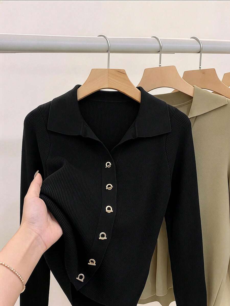 GlowEve CURVE Plus Size Elegant Fitted Metal Button Long Sleeve Cardigan - Black - View 1