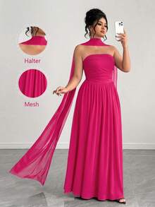 Elenzga Vestido largo de mujer de verano con bufanda de malla, pliegues en el pecho, dobladillo extra largo hasta el suelo, elegante, de moda y romántico - Rosa Fucsia - Ver 8