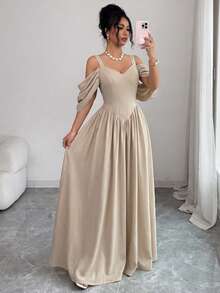 Elenzga Elegant Romantic Exquisite Women's Spaghetti Strap Sexy Off-Shoulder Print A-Line Vacation Dress - Apricot - View 7