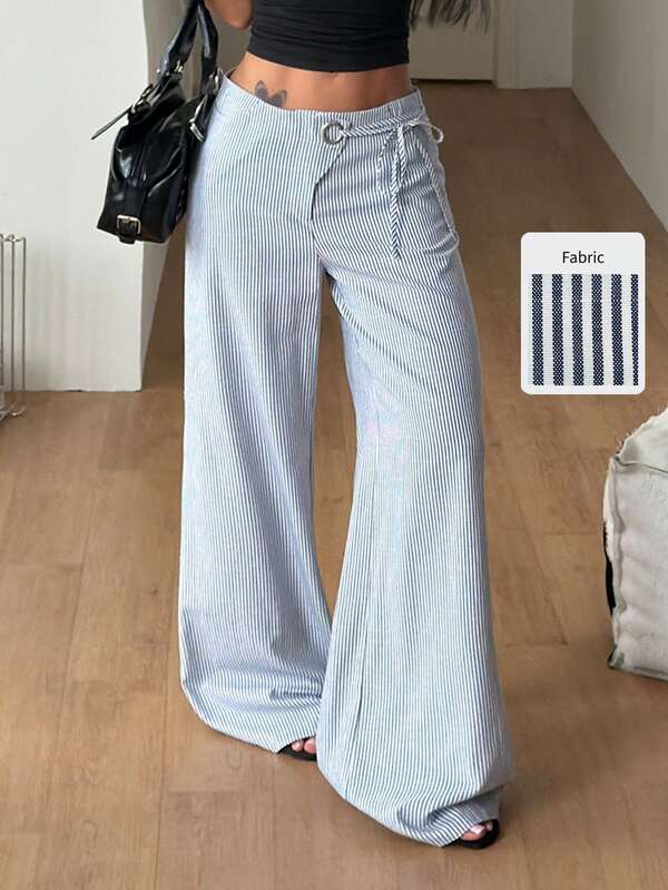 Coolane Women's Fall/Winter Streetwear Going Out Y2K Night Out Holiday Office Wear White And Blue Striped Straps Low Rise Dress Pants,Vacation Straight Pants