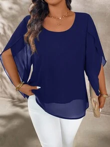 EMERY ROSE Blusa de manga corta transparente y de ajuste ceñido para mujer tallas grandes - Azul Marino - Ver 3