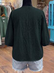 Linhara 女款刺繡休閒度假百搭寬鬆五分袖上衣 秋季 - 墨綠色 - 查看 2