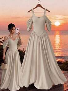 Elenzga Elegant Romantic Exquisite Women's Spaghetti Strap Sexy Off-Shoulder Print A-Line Vacation Dress - Apricot - View 4