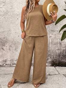 SHEIN LUNE Plus Size Round Neck Sleeveless Cropped Top With Back Lace Detail Solid Color Loose Pants 2 Pieces Set Beach Brunch Vacation Khaki Summer Boho Casual - Khaki - View 6