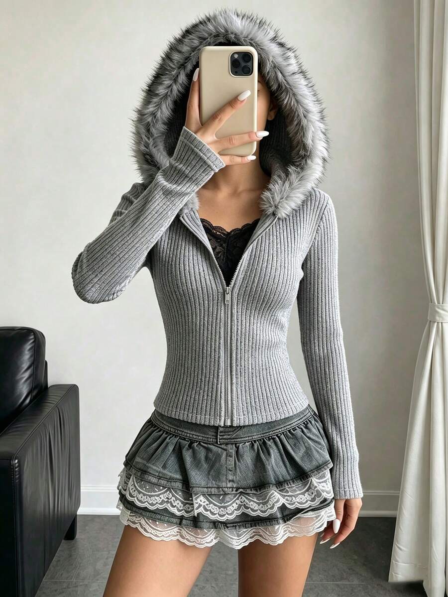 SHEIN 1件青少年女孩約會購物居家穿搭秋冬灰色毛領連帽羅紋拉鍊收腰修身短版針織開襟上衣 - 灰色 - 查看 1