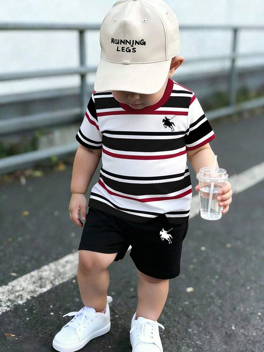 Souflis Souflis 男婴图案Logo条纹印花圆领短袖T恤和短裤套装,休闲时尚设计,趣味图案,适合夏季户外运动,柔软舒适。 - 彩色 - 查看 1
