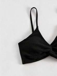 SHEIN Swim 女款黑色細肩帶上衣與短褲泳裝套裝，適合陽光海灘 - 黑色 - 查看 3