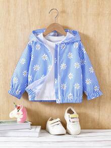 SHEIN Elladie kids 女童格紋連帽外套，休閒可愛學院風，適合秋季返校、戶外運動與日常穿搭，舒適造型 - 藍色 - 查看 4