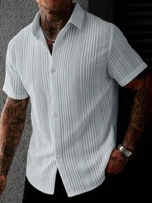 SLATEMANN Men's Short Sleeve Textured Fabric Single-Breasted Shirt - Light Wash - View 4