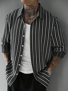 SLATEMANN 男士復古黑白條紋紋理休閒度假修身長袖襯衫 - 黑色 - 查看 5
