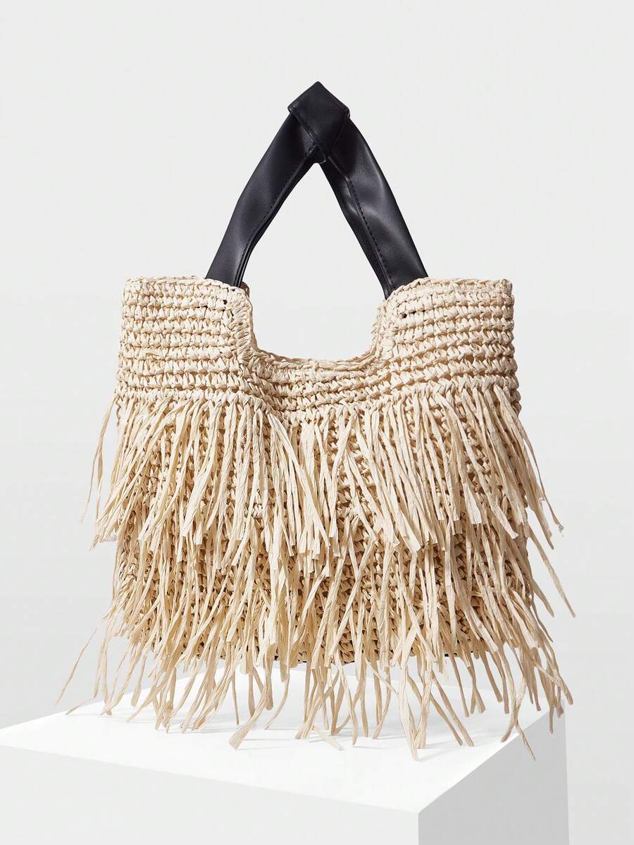 MOTF WOMEN'S APRICOT TOTE BAG, CASUAL VACATION FRINGED HANDBAG, SUITABLE FOR VACATION, TRAVEL, BEACH, SEASIDE, BOHEMIA - Beige - View 2