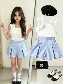 Elladie kids Tween Girls 2pcs/Set Summer New Ribbed T-Shirt , White Ribbed Knit Fabric Square Neck With Playful Ruffle Flutter Sleeves Sleeveless... - Blue and White - View 9