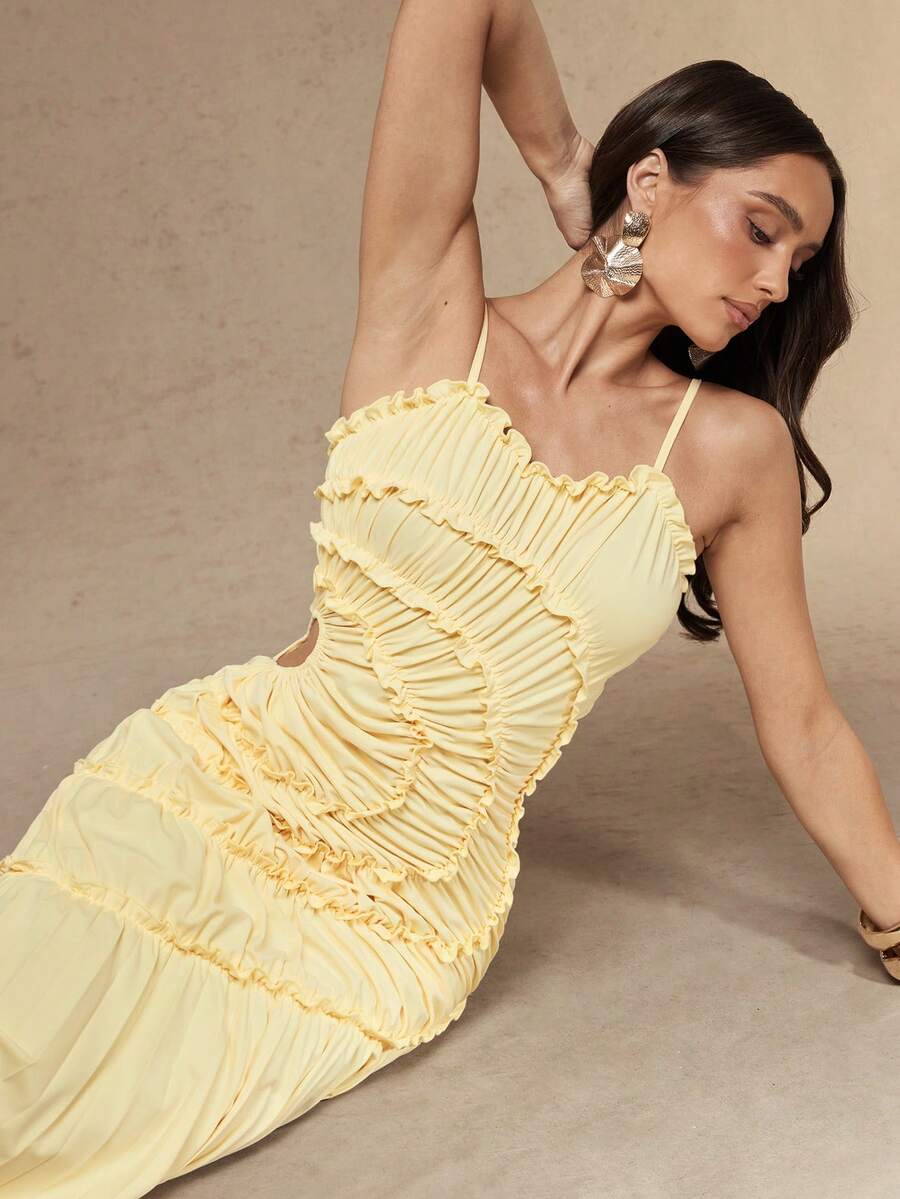 Silquee Elegant Party Solid Color Hollow Ruched Spaghetti Strap Dress Birthday Dresses Ruffle Skirt Elegant Tailored Dresses For Women Yellow Dress For - Pale Yellow - View 1
