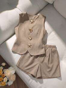 SHEIN XT26211 青少年 2 件組夏季 Old Money 風格背心上衣與休閒短褲套裝，舒適適合日常通勤與度假穿著 - 棕色 - 查看 5