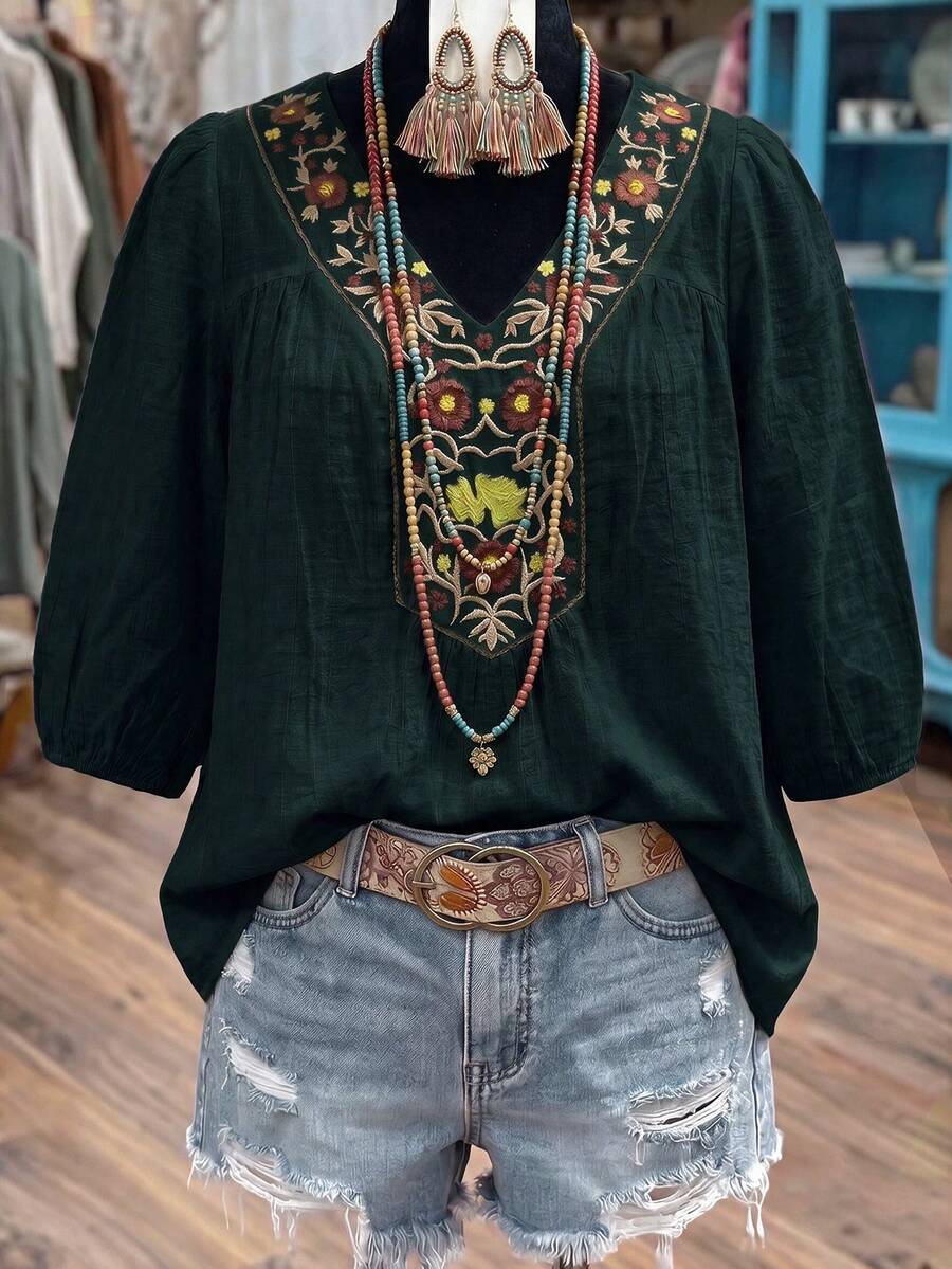 Linhara 女款刺繡休閒度假百搭寬鬆五分袖上衣 秋季 - 墨綠色 - 查看 1