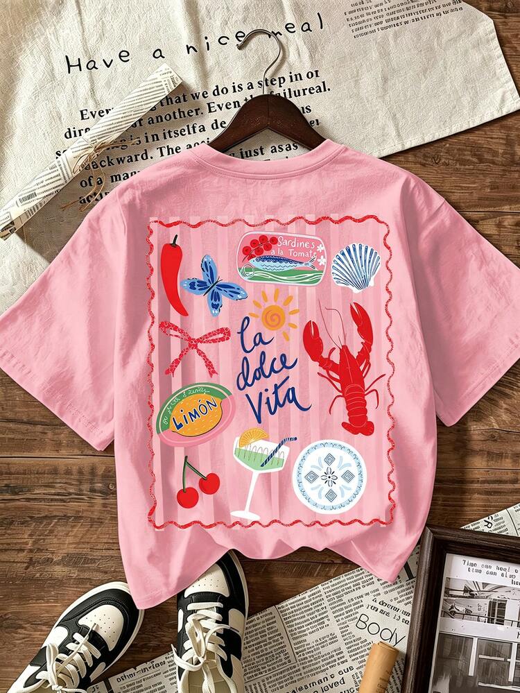 EMERY ROSE Lobster Shirt, Lobster T-Shirt, Italian Summer Shirt, Sweet Life T-Shirt, Summer Shirt - Baby Pink - View 2
