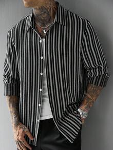 SLATEMANN 男士復古黑白條紋紋理休閒度假修身長袖襯衫 - 黑色 - 查看 4