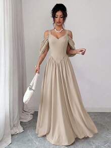 Elenzga Elegant Romantic Exquisite Women's Spaghetti Strap Sexy Off-Shoulder Print A-Line Vacation Dress - Apricot - View 8