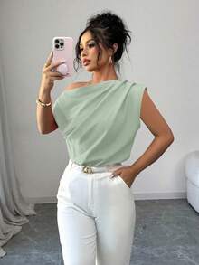 Elenzga Plus Size Women's Elegant Solid Color Pleated Asymmetrical Shoulder Neckline Blouse, Suitable For Casual Commute, Daily Wear Fall - Green - View 1