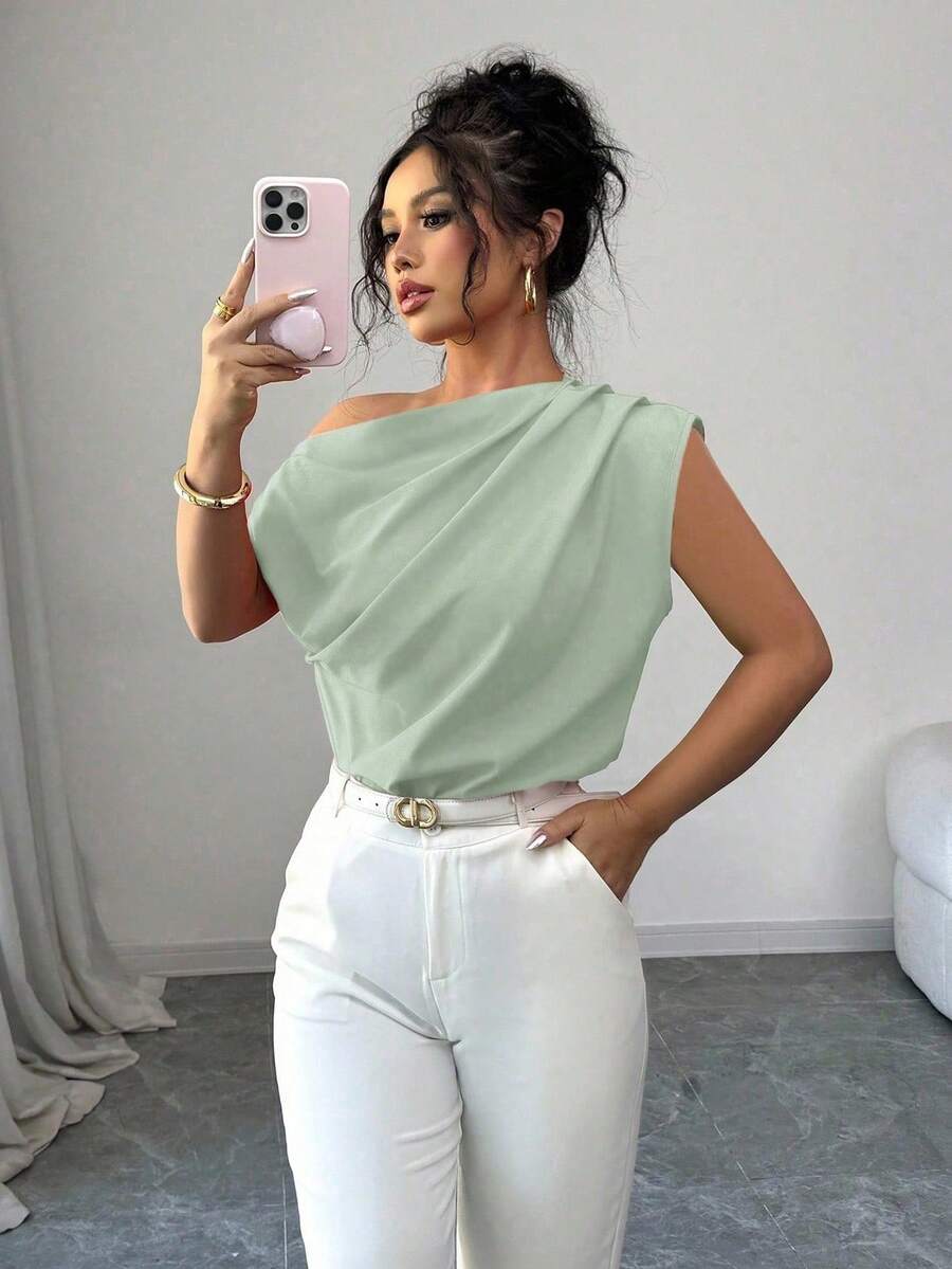 Elenzga Plus Size Women's Elegant Solid Color Pleated Asymmetrical Shoulder Neckline Blouse, Suitable For Casual Commute, Daily Wear Fall - Green - View 1