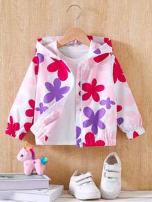 SHEIN Elladie kids 女童新款時尚連帽拉鍊夾克，梭織布料搭配彩色花卉數位印花圖案，彈性袖口與下擺設計，長袖休閒時尚外套，柔軟舒適面料，可愛甜美風格，適合日常穿著、上學、外出、度假與派對 - 紫色 - 查看 6