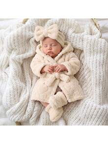SHEIN Newborn Baby Winter Comfortable Long Sleeve Hooded Robe Loungewear - Beige - View 6