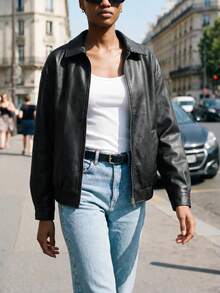 Maija Drop Shoulder Zip Up PU Cropped Leather Jacket In Fall/Winter Black - Black - View 7
