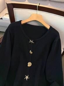GlowEve CURVE Plus Size Casual Irregular Button Crew Neck Long Sleeve Cardigan Winter - Black - View 5