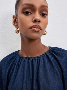 ATUI Studio Women's Solid Color Fashion French Casual Versatile Pleated Denim Top Brunch Navy Blue Autumn - Dark Wash - View 5
