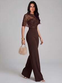 Firerie Women's New Dark Brown Solid Color Elegant Short Sleeve Lace Patchwork Wide Leg Jumpsuit, Sleeveless Jumpsuit, Daily Commute Women's Jumpsuit, Elegant Romantic Wedding Banquet Jumpsuit, Lace Patchwork Jumpsuit, Elastic Knit Jumpsuit - Coffee Brown - View 7