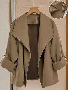 SHEIN LUNE CURVE 大码女式纯色卷袖宽松休闲风衣外套，秋季 - 卡其色 - 查看 1