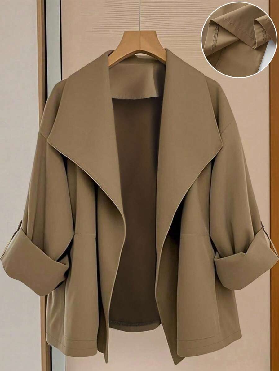 SHEIN LUNE CURVE 大码女式纯色卷袖宽松休闲风衣外套,秋季 - 卡其色 - 查看 1