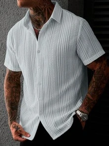 SLATEMANN Men's Short Sleeve Textured Fabric Single-Breasted Shirt - Light Wash - View 3